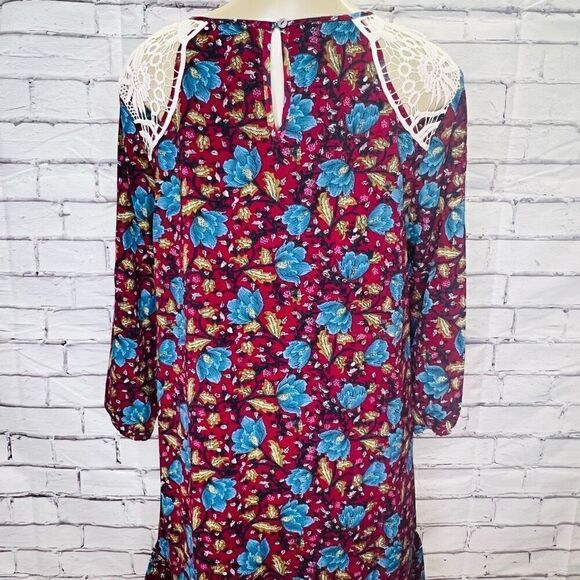 Entro Womens Multicolor Floral Print Crochet Lace Ruffle Hem Boho Dress Medium - Picture 3 of 7